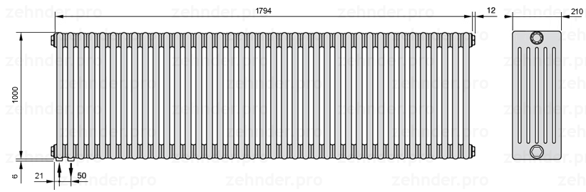 Схема (чертеж) Радиатор Zehnder Charleston 6100/39 №3370 Белый глянцевый RAL 9016